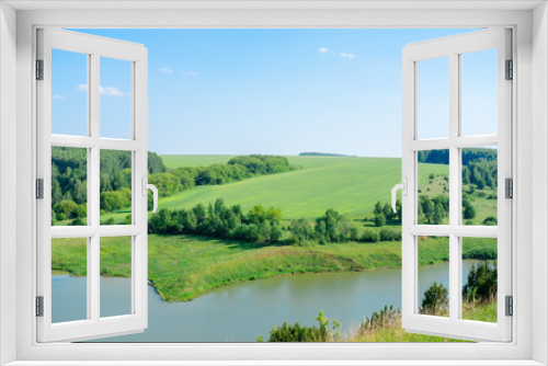Fototapeta Naklejka Na Ścianę Okno 3D - Beautiful summer landscape Forests on the hill and lakes. Summer green countryside nature landscape. The lake under the forest.