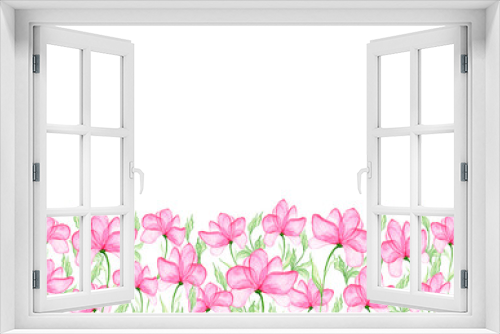 Fototapeta Naklejka Na Ścianę Okno 3D - Pink delicate flowers on a white background. Horizontal banner with place for an inscription. Watercolor illustration. Botanical floral background. For the design of cards, wedding invitations.