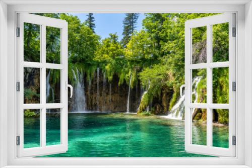 Fototapeta Naklejka Na Ścianę Okno 3D - Waterfall with turquoise water in the Plitvice Lakes National Park, Croatia.