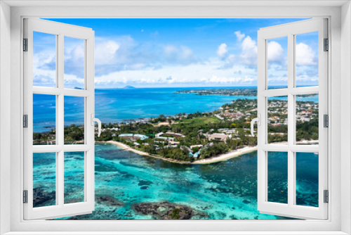 Fototapeta Naklejka Na Ścianę Okno 3D - Aerial view, beaches with luxury hotels with water sports at Trou-aux-Biches Pamplemousses Region, behind Grand Baie, Mauritius, Africa