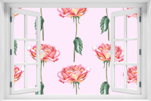Fototapeta Naklejka Na Ścianę Okno 3D - Watercolor red roses with green leaves on pink background