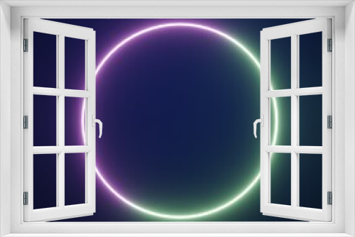 Fototapeta Naklejka Na Ścianę Okno 3D - glowing circle with neon green and purple colors against dark blue background, 3d render illustration 