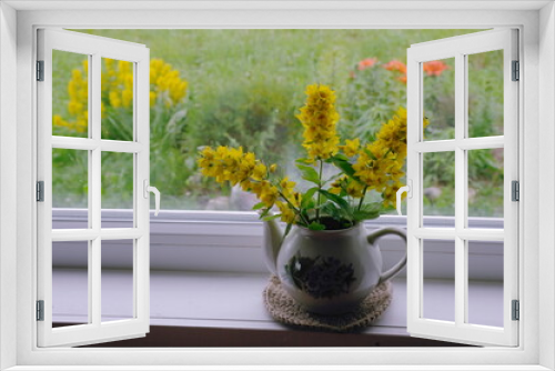 Fototapeta Naklejka Na Ścianę Okno 3D - a bouquet of flowers from verbena in a jug on the window