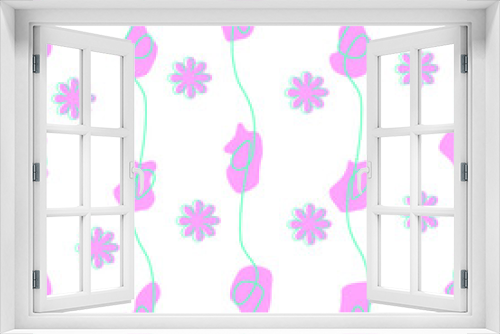 Fototapeta Naklejka Na Ścianę Okno 3D - Seamless abstract pattern with pink flowers, and blue stripes. On a white isolated background. 