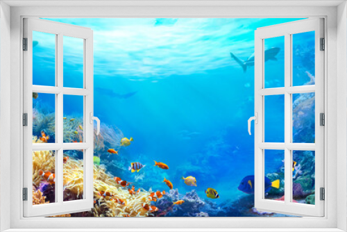 Fototapeta Naklejka Na Ścianę Okno 3D - Animals of the underwater sea world. Panoramic view of the coral reef. Colorful tropical fish. Ecosystem. 