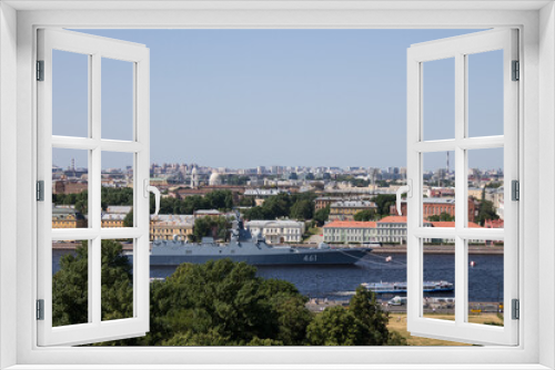 Fototapeta Naklejka Na Ścianę Okno 3D - panoramic top view of the historical center of the city and the Neva River on a sunny summer day and a space for copying in Saint-Petersburg