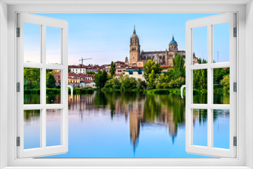 Salamanca Cathedral reflecting in the Tormes river in Spain