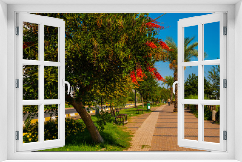 Fototapeta Naklejka Na Ścianę Okno 3D - ANTALYA, TURKEY: Pedestrian road and trees in Ataturk Park in Antalya on a sunny summer day.