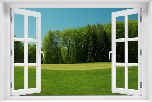 Fototapeta Naklejka Na Ścianę Okno 3D - Picturesque view of golf course with fresh green grass and trees