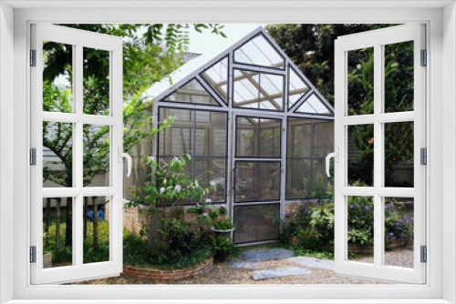Fototapeta Naklejka Na Ścianę Okno 3D - Greenhouse in back garden with open door, horticultural conservatory for growing vegetable, flowers. Classic cultivate greenhouse gardening.