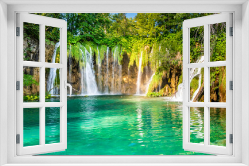 Fototapeta Naklejka Na Ścianę Okno 3D - Beautiful waterfalls and lakes at Plitvice national nature park, Croatia. Fresh water stream in peaceful nature. Harmony and meditation, concept of peace and meditation in nature.