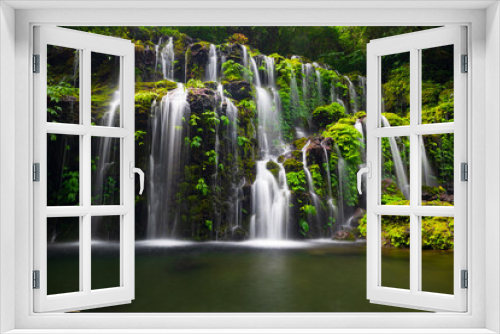 Fototapeta Naklejka Na Ścianę Okno 3D - Waterfall landscape. Beautiful hidden waterfall in tropical rainforest. Nature background. Slow shutter speed, motion photography. Banyu Wana Amertha waterfall, Bali, Indonesia