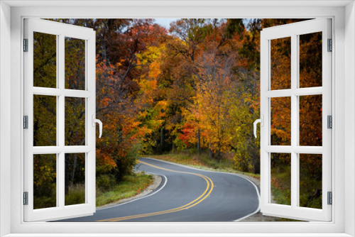 Fototapeta Naklejka Na Ścianę Okno 3D - A countryside road running through a thick forest of autumn fall colored trees in the midwest_05