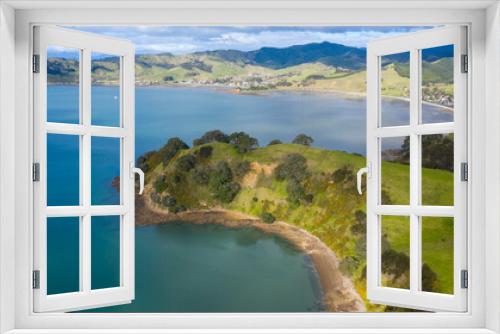Fototapeta Naklejka Na Ścianę Okno 3D - Aerial View of Waitawa Regional Park, Beach, Pier, Deck Green Trees and Cliff in New Zealand - Auckland Area