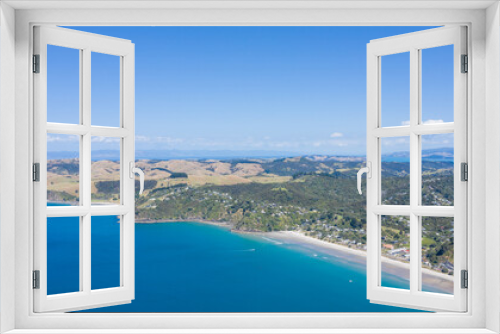 Fototapeta Naklejka Na Ścianę Okno 3D - Aerial View from Ocean, Beach, Green Trees and Mountains in Waiheke Island, New Zealand - Auckland Area