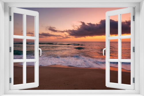 Fototapeta Naklejka Na Ścianę Okno 3D - calm sea scenery at dawn. waves wash empty sandy beach at twilight. relax and summer vacation concept. warm velvet season weather with clouds on the sky
