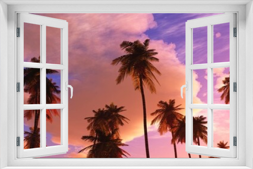 Fototapeta Naklejka Na Ścianę Okno 3D - Palm trees on the background of a beautiful sunset sky with clouds, 3D rendering