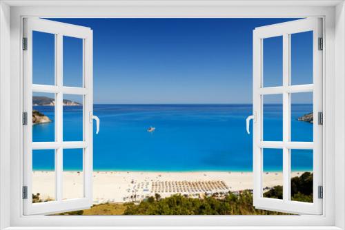 Fototapeta Naklejka Na Ścianę Okno 3D - Fantastic panoramic top view at Myrtos Beach with turquoise and blue Ionian Sea water. Summer scenery of famous and extremely popular travel destination in Cephalonia, Greece, Europe.