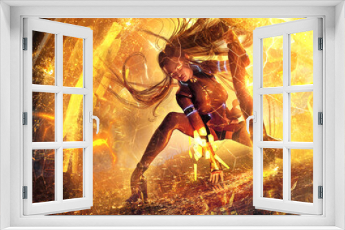 Fototapeta Naklejka Na Ścianę Okno 3D - A furious valkyrie girl in the style of Sci-Fi defends herself from bullets by bartering energy, she sparks with lightning in a rage clutching her huge spear, looks at the enemy with anger 3d render