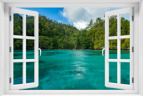 Fototapeta Naklejka Na Ścianę Okno 3D - A secret sandy beach, surrounded by turquoise waters and a landscape of immense tropical jungle, Gam Island, Raja Ampat, West Papua, Indonesia