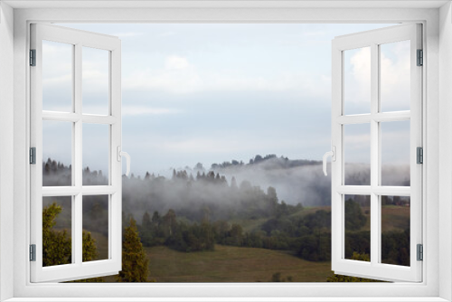Fototapeta Naklejka Na Ścianę Okno 3D - Polana las we mgle panorama	
