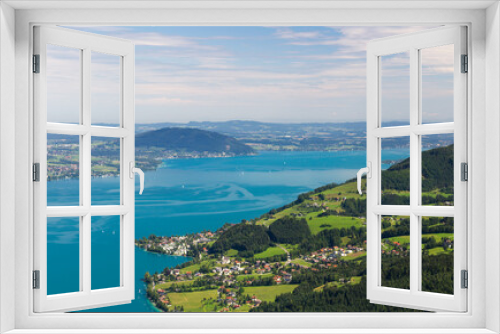 Fototapeta Naklejka Na Ścianę Okno 3D - Attersee with Austria Alps and city Seefeld from lookout on hill Schoberstein