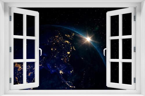 Fototapeta Naklejka Na Ścianę Okno 3D - Sunrise view from space on Planet Earth. Cities at Night. 3d illustration