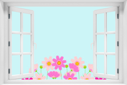 Fototapeta Naklejka Na Ścianę Okno 3D - コスモスの花と秋空色の背景イラスト