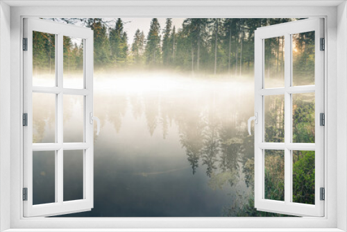 Fototapeta Naklejka Na Ścianę Okno 3D - Panorama Nebel über dem Wald-See