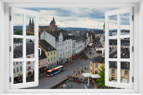 view of the pedestrian zone of Trier, the oldest city in Germany, taken from the upper level of the Porta Nigra, a well preserved portal from the Roman empire