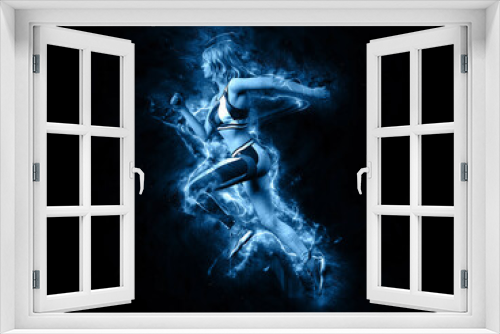 Fototapeta Naklejka Na Ścianę Okno 3D - Woman running in electric blue lights