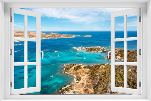 Fototapeta Naklejka Na Ścianę Okno 3D - View from above, stunning aerial view of La Maddalena Archipelago with its turquoise, crystal clear bays of water. Caprera Island in the distance. Sardinia, Italy.