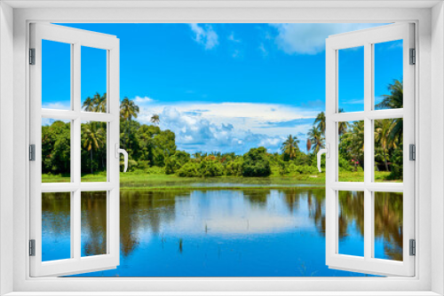Fototapeta Naklejka Na Ścianę Okno 3D - Tropical landscape. Mountains, palms and blue sky. Pure nature. Lake with mirror reflections