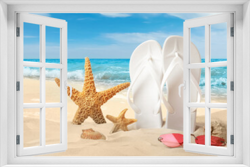 Fototapeta Naklejka Na Ścianę Okno 3D - White flip flops, starfishes, sea shells and sunglasses on sandy beach