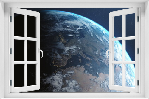 Fototapeta Naklejka Na Ścianę Okno 3D - Image of earth seen from space, the globe spinning on seamless loop satellite view on dark backgroun