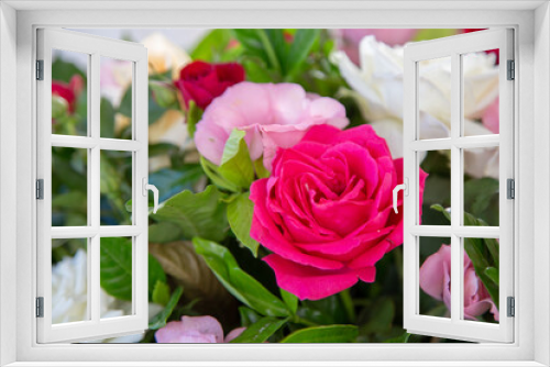 Fototapeta Naklejka Na Ścianę Okno 3D - floral arrangement. colorful natural flowers. pink rose in the foreground. blurred background