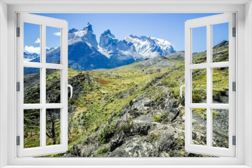 Fototapeta Naklejka Na Ścianę Okno 3D - View of the snow-capped mountains in the Chilean Patagonia National Park of Torres del Paine on a sunny day