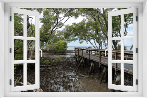 Fototapeta Naklejka Na Ścianę Okno 3D - Boardwalk in the mangrove wetlands with a view to the sea beyond at Wynnum, Queensland, Australia. 