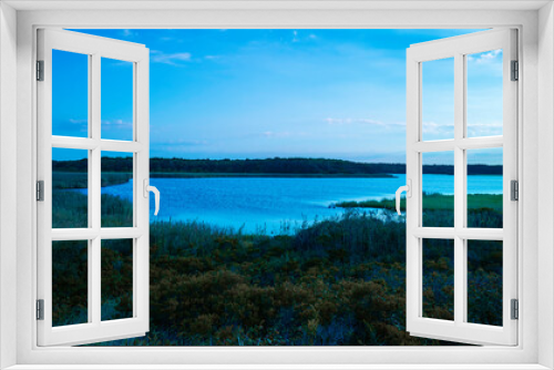 Fototapeta Naklejka Na Ścianę Okno 3D - Blue-toned seascape over the marshland lagoon and green grasses at dawn