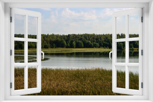 Fototapeta Naklejka Na Ścianę Okno 3D - Landscape with lake, forest and reeds