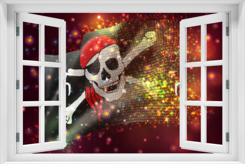 Fototapeta Naklejka Na Ścianę Okno 3D - 3d vector mesh flag of a pirate skull on a black background with lighting and flares