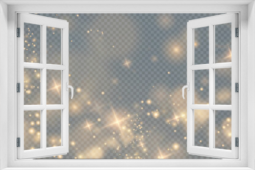 Fototapeta Naklejka Na Ścianę Okno 3D - Gold sparkling dust with gold sparkling stars on a transparent background. Glittering texture. Christmas effect for luxury greeting rich card.	
