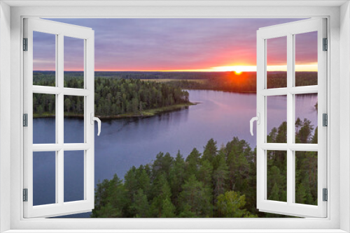 Fototapeta Naklejka Na Ścianę Okno 3D - Northern nature. Panorama of the forest. Lake, forest, river. Beautiful landscape with lake and forest. Sunset and sunrise. Reflection of the forest in the water.