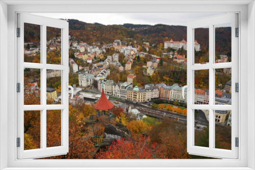 Fototapeta Naklejka Na Ścianę Okno 3D - Famous spa town Karlovy Vary, autumn aerial panoramic view (Carlsbad)