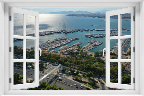 Aerial drone photo of famous seaside Athens riviera area of Faliro and Flisvos featuring a luxury marina for yachts and sailboats, Attica, Greece