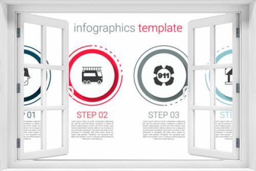 Set Firefighter helmet, truck, Emergency call 911 and Road barrier. Business infographic template. Vector