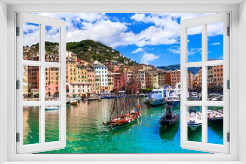 Fototapeta Naklejka Na Ścianę Okno 3D - Camogli - beautiful colorful town in Liguria, panorama with traditional fishing boats .popular tourist destination in Italy