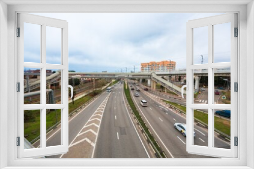 Fototapeta Naklejka Na Ścianę Okno 3D - City transport X sign junction road aerial view with car movement, Transport industry