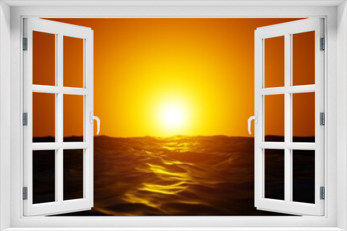 Fototapeta Naklejka Na Ścianę Okno 3D - Perfect sunset over sea coloring water surface with warm orange light. 3D rendering ocean scene illustration