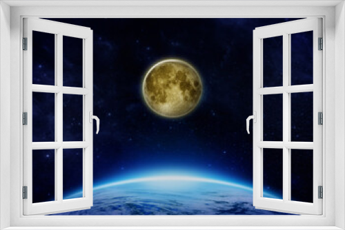 Fototapeta Naklejka Na Ścianę Okno 3D - Blue Planet Earth on dark space with full Moon in star field. Gravity of Moon and Earth in solar system. Moonlight reflex and effect over the world. 3D Moon and Earth Elements image furnished by NASA.